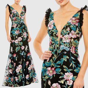 Mac Duggal 68273 Size 14 Black Pink Green Floral Embroidered Gown Maxi Dress